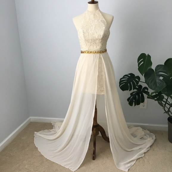 NWT” Formal Gown, Prom Birthday Cream Hi- low Halter Dress Size XS (2) - Picture 1 of 10